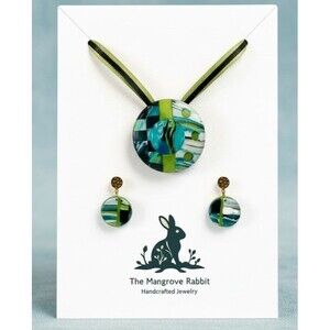 Handmade Blue & Green Pattern Large Polymer Clay Pendant Necklace & Earring Set